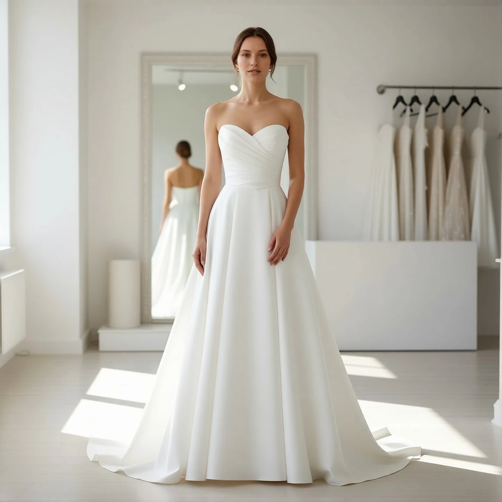 Vestido evasê em mikado, clássico — decote coração