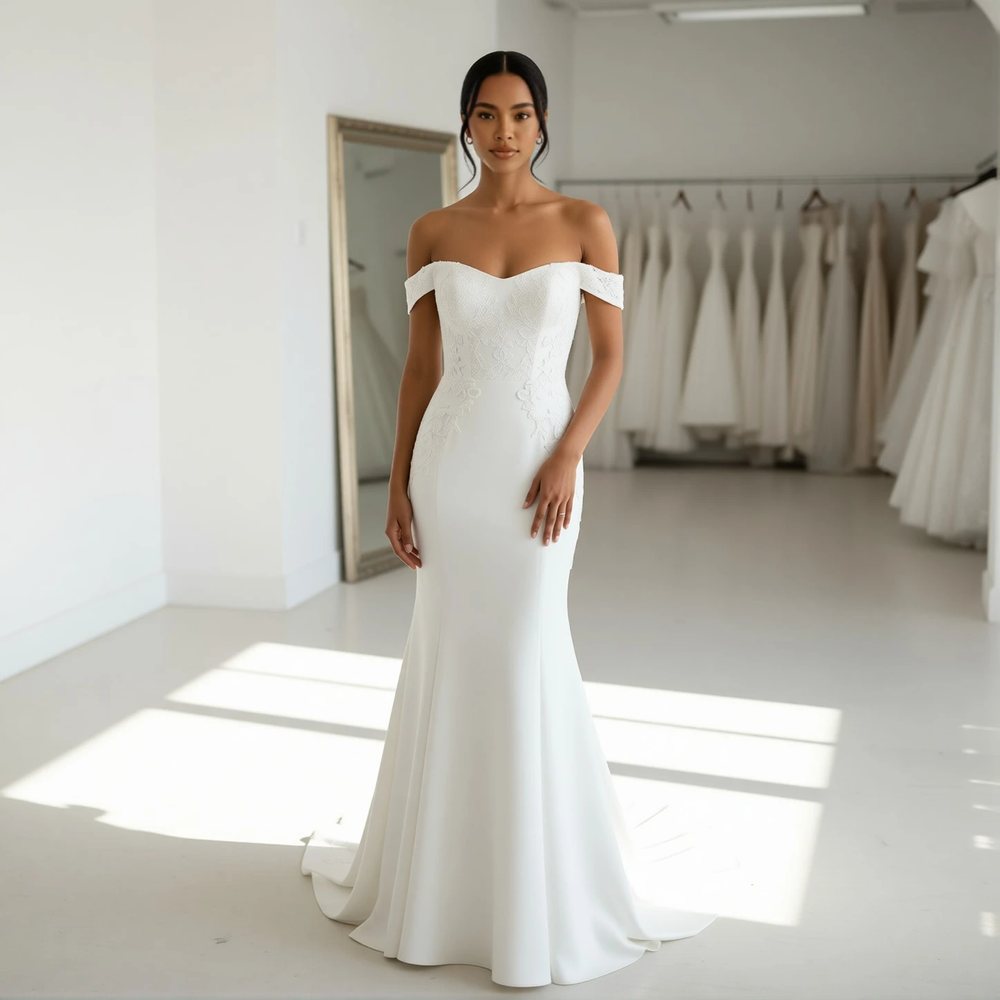 Vestido sereia em crepe, clássico — decote ombro a ombro