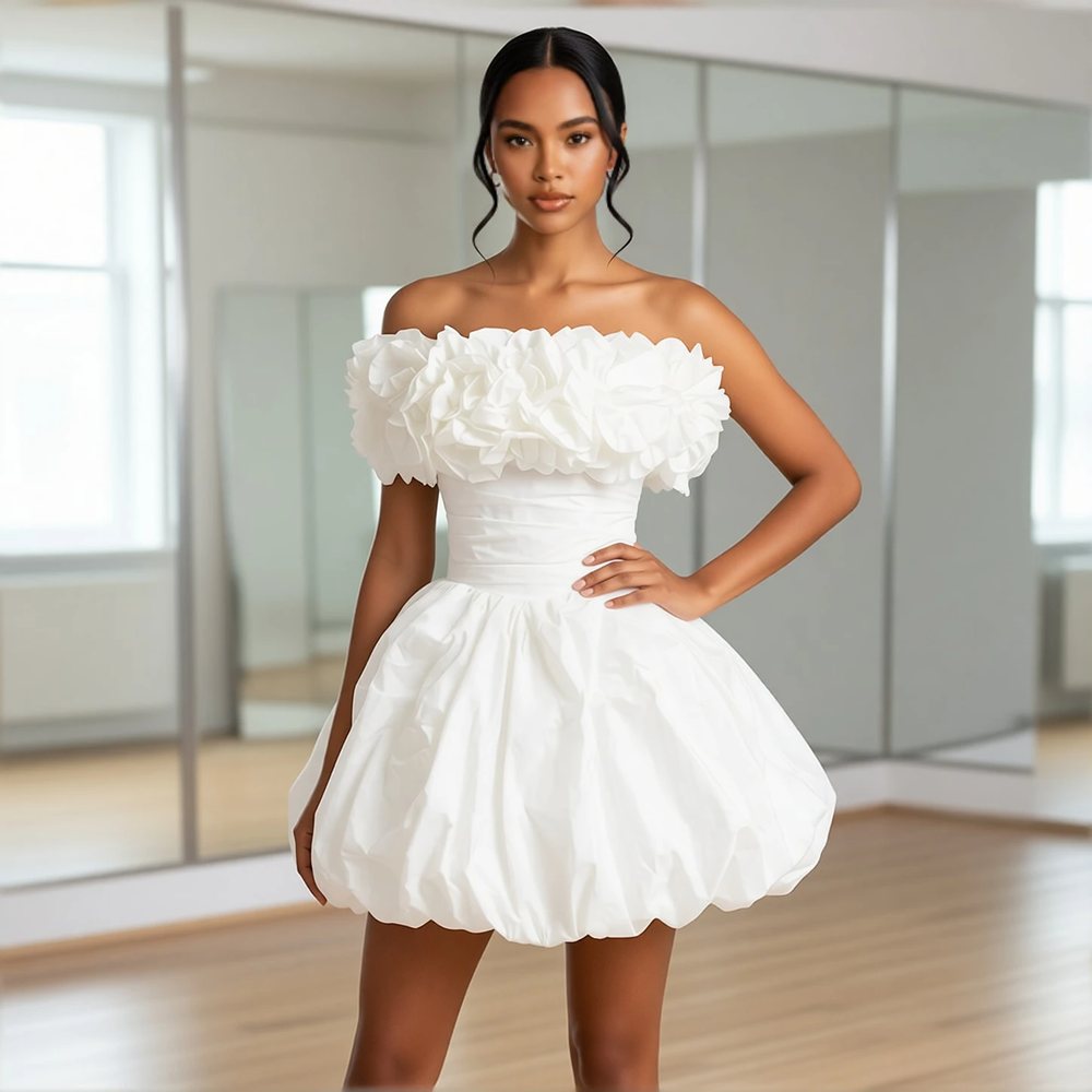 Abito a principessa in organza mini, romantico — scollo alla bardot