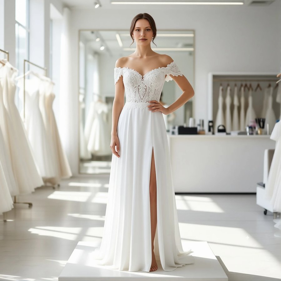 Bohemian chiffon sheath, off the shoulder