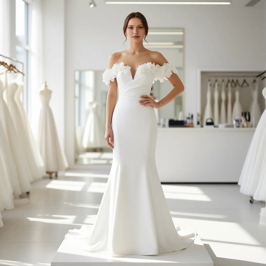 Romantic crepe mermaid, off the shoulder